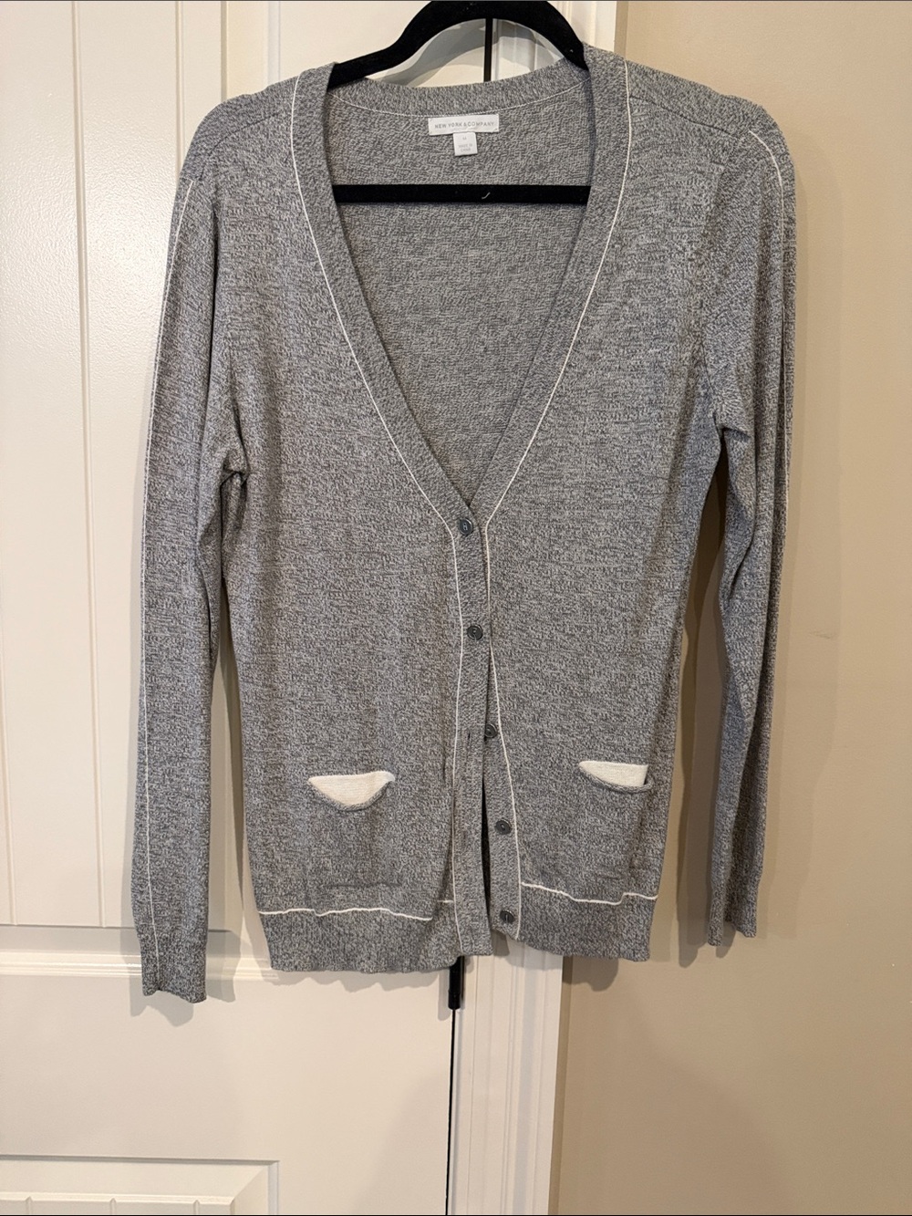 New York & Company Gray Cardigan with Cream Pocket Trim